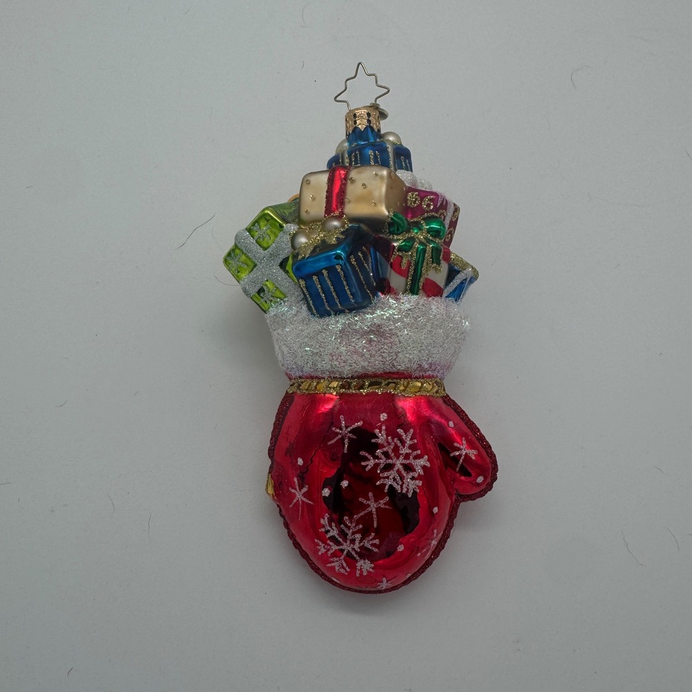 Christopher Radko Mitten Full of Presents Glass Christmas Ornament Red Glitter